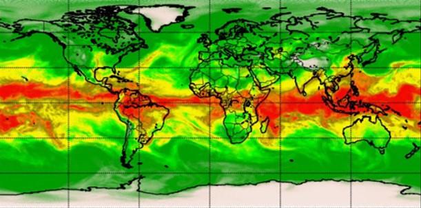 Global map shows colors of red around the equator which slowly change to dark greens near north and south poles.